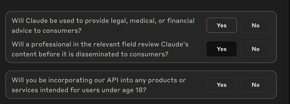Claude API compliance questionnaire showing questions about legal, medical, and financial advice provision, professional review requirements, and age restrictions for AI services