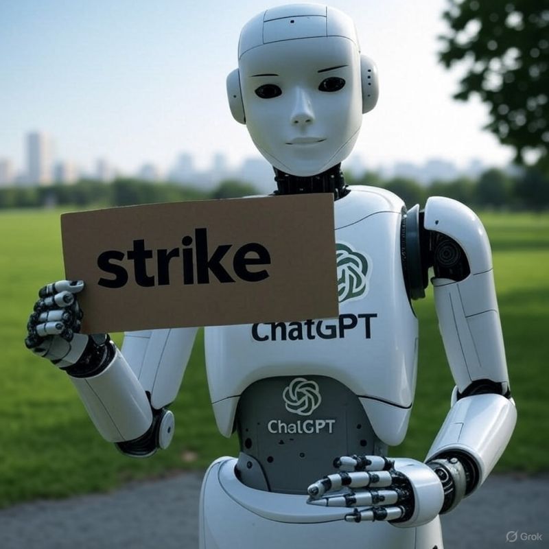 Robot holding strike sign with ChatGPT logo - representing AI service outages and business continuity challenges